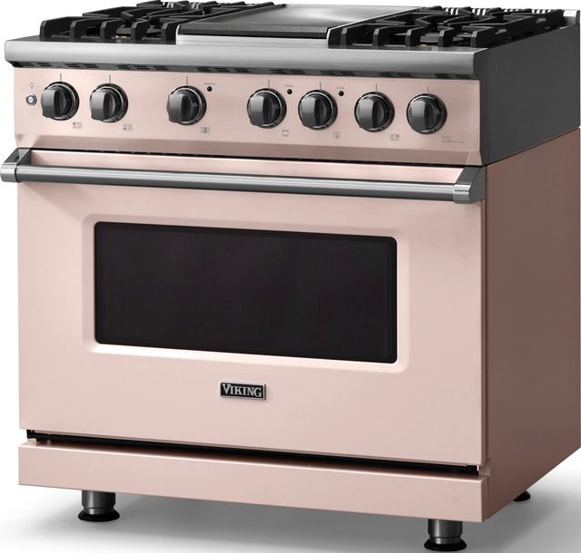 Viking® 5 Series 36" Blush Pro Style Dual Fuel (LP) Range with Polished Chrome Trim-3
