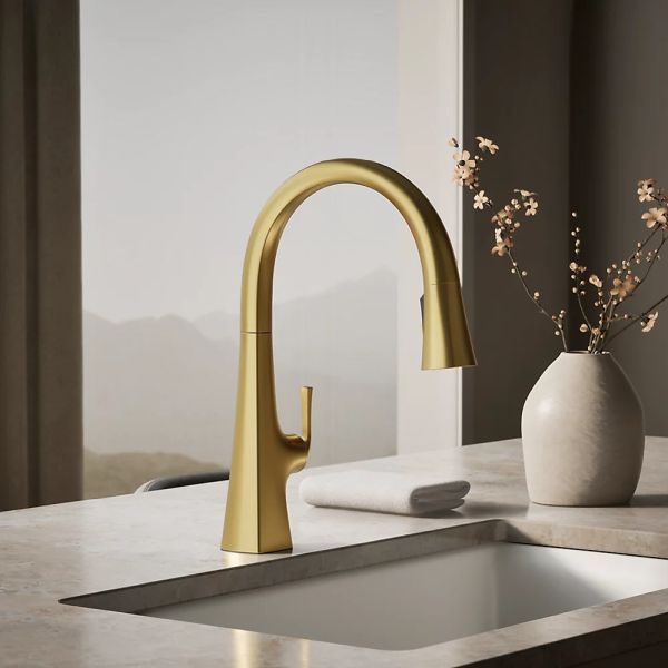 KOHLER® Graze® Vibrant Brushed Moderne Brass Touchless Kitchen Sink Faucet with 3-Function Sprayhead-1