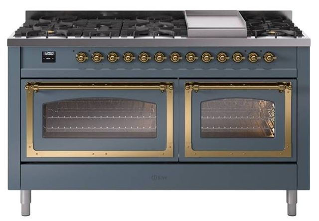 Ilve® Nostalgie II Noblesse 60'' Blue Gray Pro Style Dual Fuel Range with Brass Trim-0