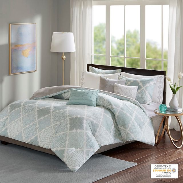 Olliix by Madison Park 8 Piece Aqua King/California King Cadence Cotton Sateen Duvet Cover Set-0