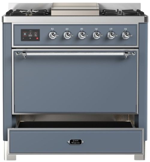 Ilve® Majestic III 36" Blue Gray Pro Style Dual Fuel Liquid Propane Range with Solid Door and Chrome Trim-2