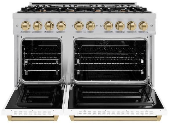 ZLINE Classic Autograph Edition 48" Satin Stainless Steel Pro Style Gas Range with White Matte Door and Champagne Bronze Accents-1