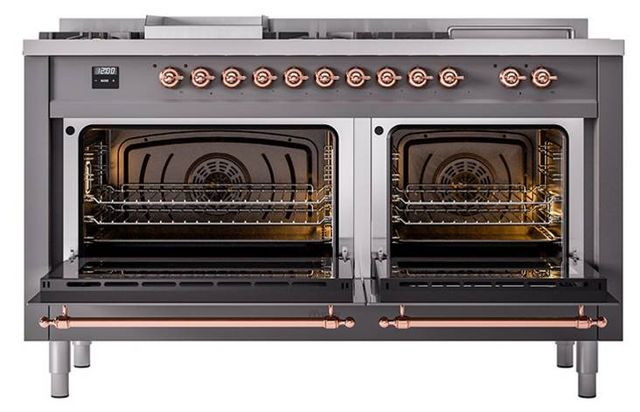 Ilve® Nostalgie II Noblesse 60'' Graphite Matte Pro Style Dual Fuel Range with Copper Trim-1