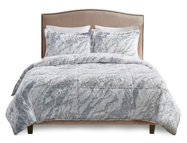 Olliix by Madison Park Lana Blue and Grey King Marble Faux Fur Comforter Set-0