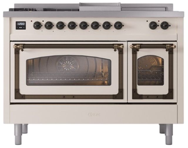 Ilve® Nostalgie II Noblesse 48'' Antique White Pro Style Dual Fuel Range with Burnished Trim-1