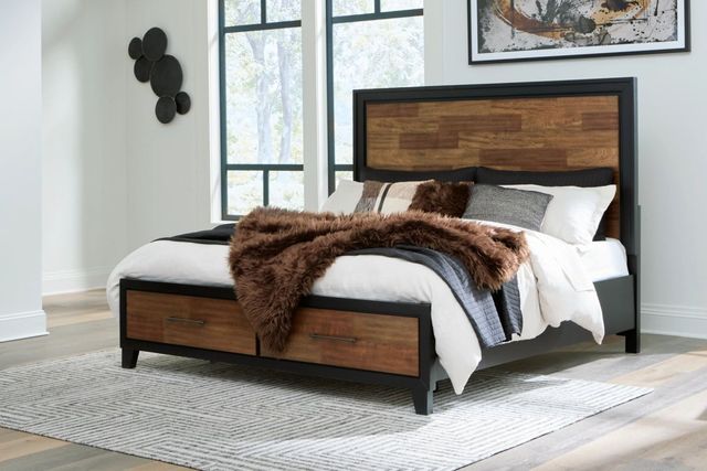 front view of a queen size wooden bed in a modern bedroom