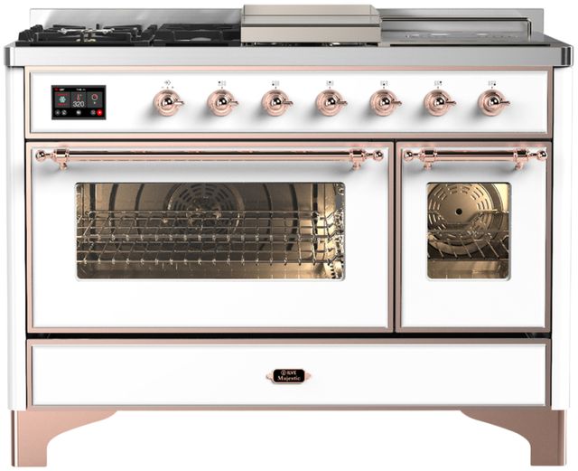Ilve® Majestic III 48" White Pro Style Dual Fuel Natural Gas Range with 5 Black Brass Burners and Copper Trim-0
