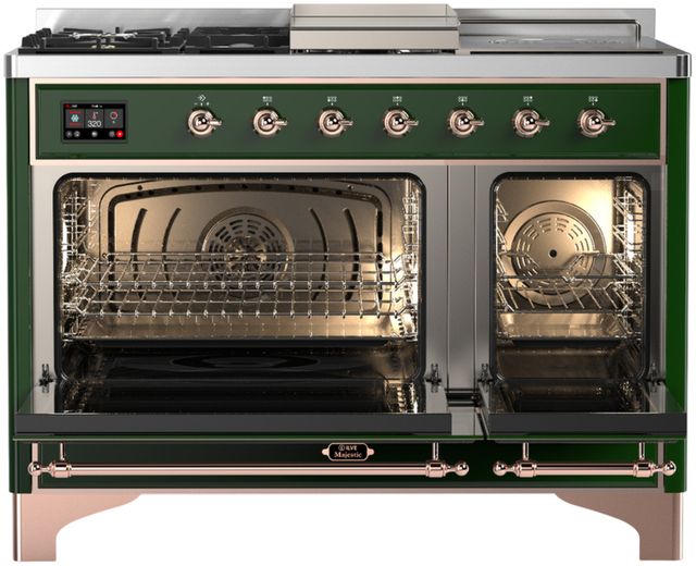 Ilve® Majestic III 48" Emerald Green Pro Style Dual Fuel Liquid Propane Range with 5 Black Brass Burners and Copper Trim-1