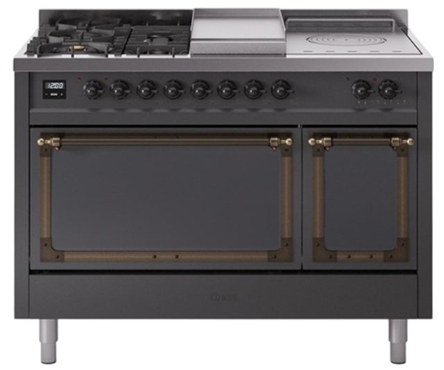 Ilve® Nostalgie II Noblesse 48'' Graphite Matte Pro Style Dual Fuel Range with Burnished Trim-0
