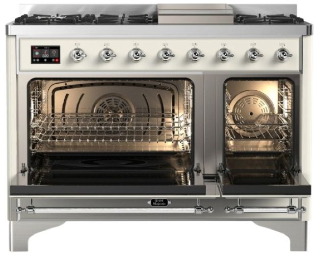 Ilve® Majestic III 48" Antique White Pro Style Dual Fuel Natural Gas Range with Solid Door and Chrome Trim-1