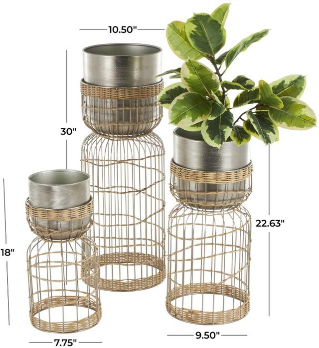 Deco Marche 3-Piece Silver Textured Dome Planter Set with Woven Rattan and Caged Rod Pedestal Base-2