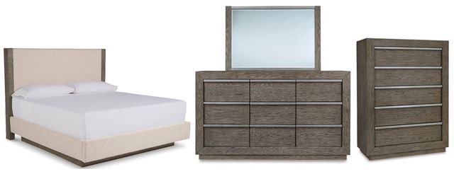 Benchcraft® Anibecca 4-Piece Weathered Gray Queen Upholstered Panel Bed Set-0