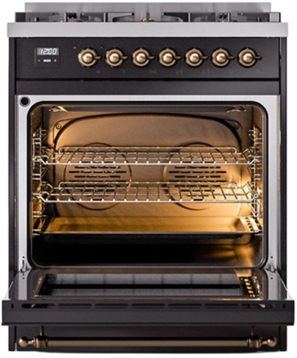Ilve® Nostalgie II Noblesse 30'' Glossy Black Pro Style Dual Fuel Range with Burnished Trim-1