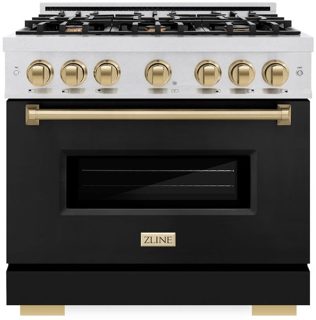 ZLINE Classic 36" Satin Stainless Steel Pro Style Dual Fuel Range with Black Matte Door and Champagne Bronze Accents-0