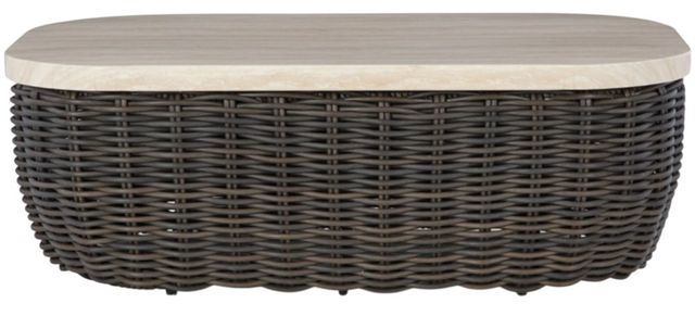 Signature Design by Ashley® Kimora Beige Resin Wicker Outdoor Cocktail Table with Dark Brown Base-1