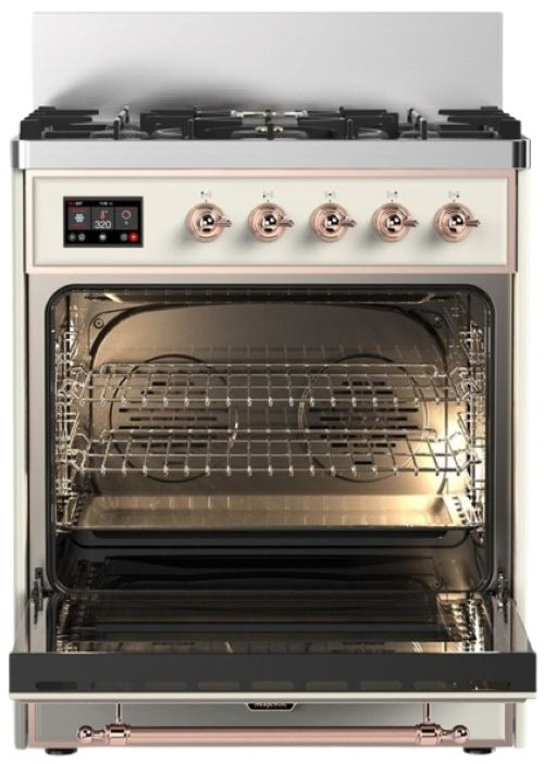 Ilve® Majestic III 30" Antique White Pro Style Dual Fuel Natural Gas Range with 5 Black Brass Burners and Copper Trim-1