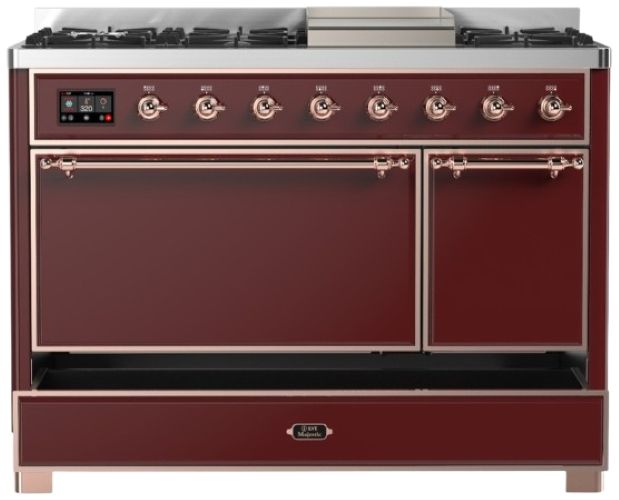 Ilve® Majestic III 48" Burgundy Pro Style Dual Fuel Natural Gas Range with Solid Door and Copper Trim-2