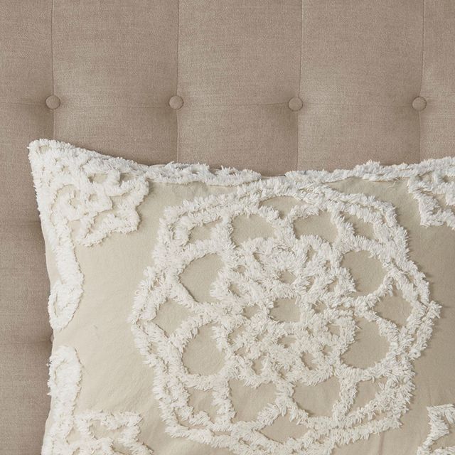 Olliix by Madison Park Laetitia Taupe Full/Queen Tufted Cotton Chenille Medallion Fringe Coverlet Mini Set-4