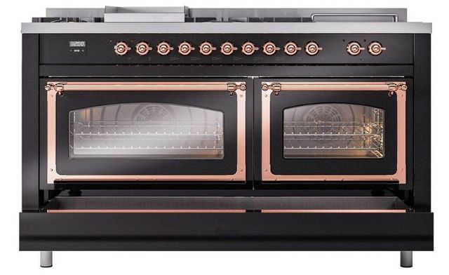 Ilve® Nostalgie II Noblesse 60'' Glossy Black Pro Style Dual Fuel Range with Copper Trim-3