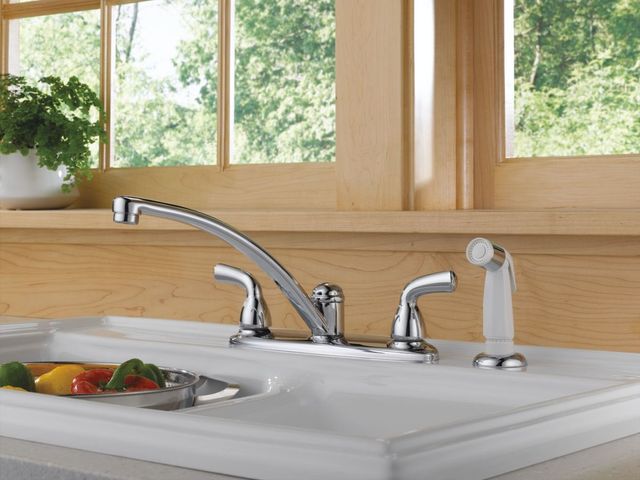 Delta Foundations® Chrome Two Handle Kitchen Faucet with Spray-1
