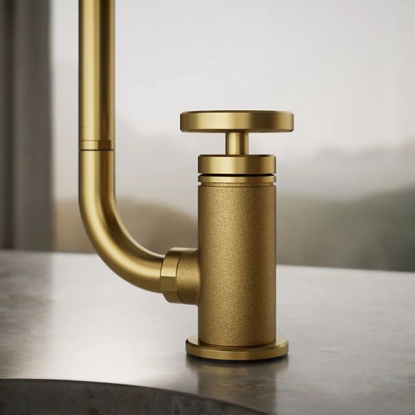 KOHLER® Billet® Vibrant Brushed Moderne Brass Single Round-Handle Bar Sink Faucet with 2-Function Extended-Reach Spout and Side Sprayer-3