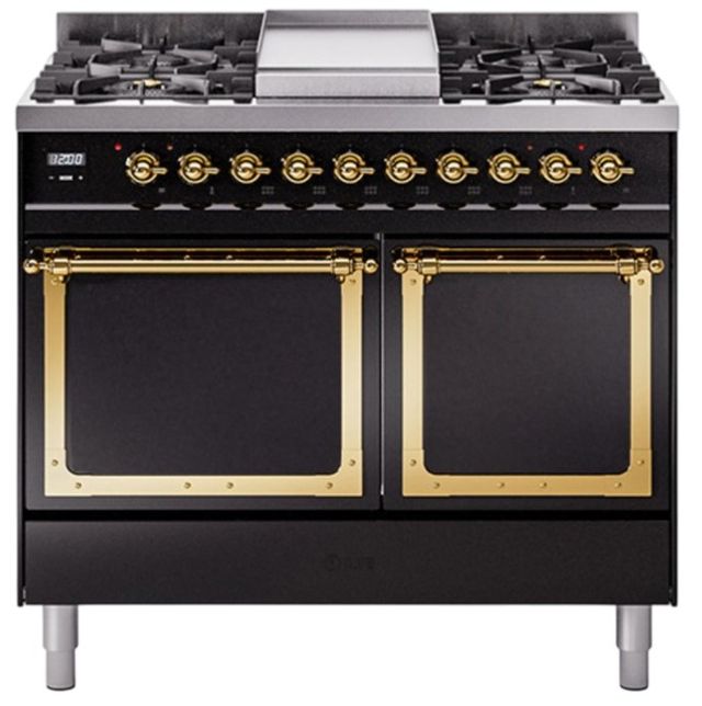 Ilve® Nostalgie II Noblesse 40'' Glossy Black Pro Style Dual Fuel Range with Brass Trim-0