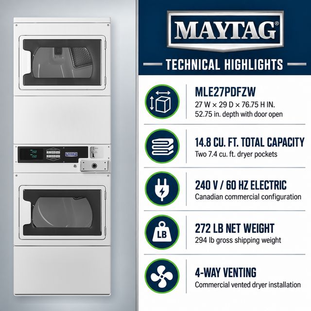 Maytag Commercial MLE27PDFZW Two-Pocket Dual-Coin Electric Stacked Dryer, 14.8 Cu. Ft. Total Capacity, White-4