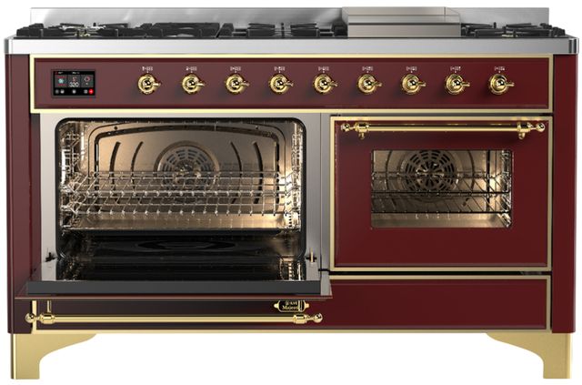 Ilve® Majestic III 60" Burgundy Pro Style Dual Fuel Natural Gas Range with Triple Glass Door and Brass Trim-2