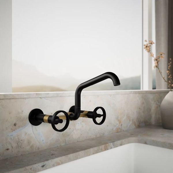 KOHLER® Billet® Brushed Moderne Brass/Matte Black 2-Hole Wall-Mount Bridge Kitchen Sink Faucet with Round Handles-1