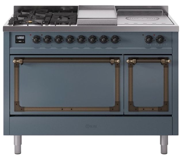 Ilve® Nostalgie II Noblesse 48'' Blue Gray Pro Style Dual Fuel Range with Burnished Trim-0