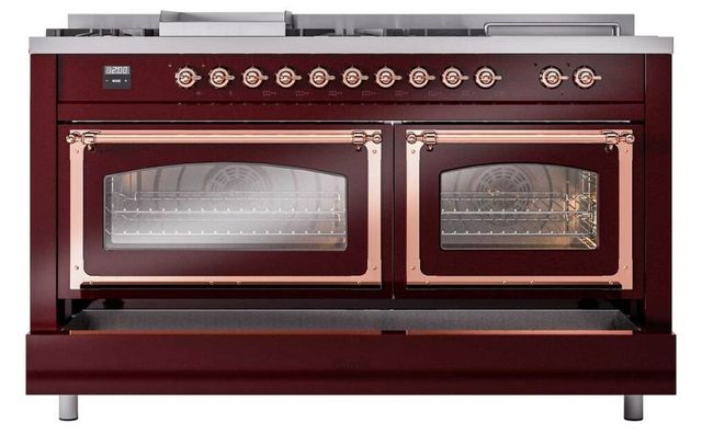 Ilve® Nostalgie II Noblesse 60'' Burgundy Pro Style Dual Fuel Range with Copper Trim-3