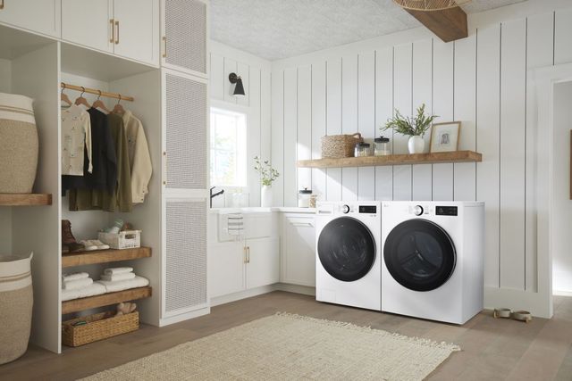 Front view of a modern laundry room with an LG washer and dryer