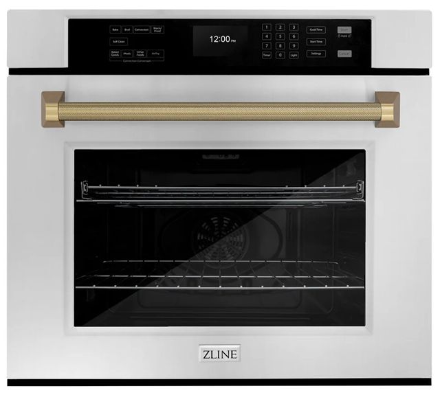 ZLINE Autograph Edition Professional 30" Stainless Steel True Convection Single Wall Oven with Air Fry and Self Clean with Polished Gold Helix Handle -0