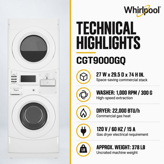 Whirlpool Commercial 3.1 Cu. Ft. Washer / 6.7 Cu. Ft. Gas Dryer Stack - Coin Equipped, White-4