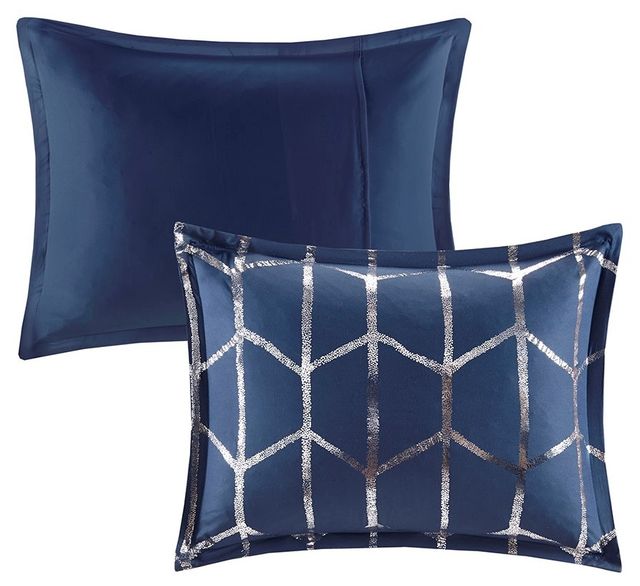 Olliix by Intelligent Design Raina Navy and Silver King/California King Metallic Printed Comforter Set-1