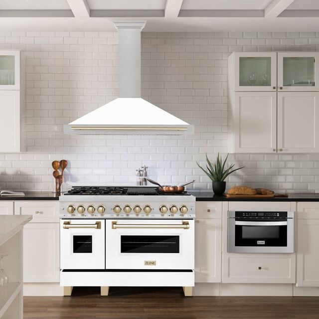 ZLINE Autograph Edition 48" Fingerprint Resistant Satin Stainless Steel Convertible Wall Mounted Range Hood with White Matte Shell and Polished Gold Handle-1