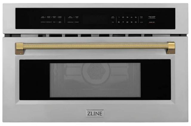ZLINE Autograph Edition 30" 1.6 Cu. Ft. Stainless Steel Built-in Convection Microwave Oven with Champagne Bronze Helix Handle-0