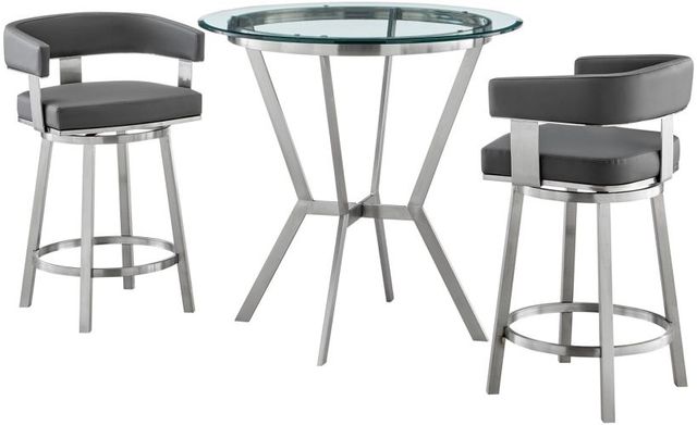 Armen Living Naomi and Lorin 3-Piece Brushed Stainless Steel/Clear/Gray Counter Dining Set-0