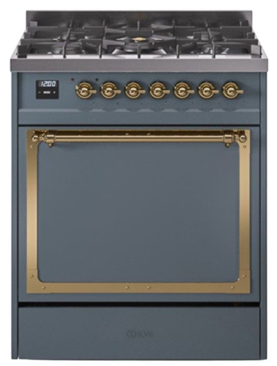 Ilve® Nostalgie II Noblesse 30'' Blue Gray Pro Style Dual Fuel Range with Brass Trim-0