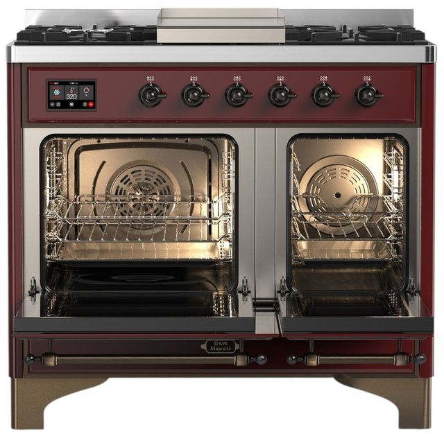 Ilve® Majestic III 40" Burgundy Pro Style Dual Fuel Liquid Propane Range with Triple Glass Door and Burnished Trim-1