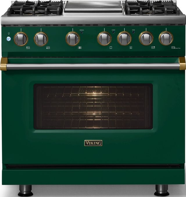 Viking® 5 Series 36" Ivy Pro Style Dual Fuel (LP) Range with Brushed Brass Trim-2