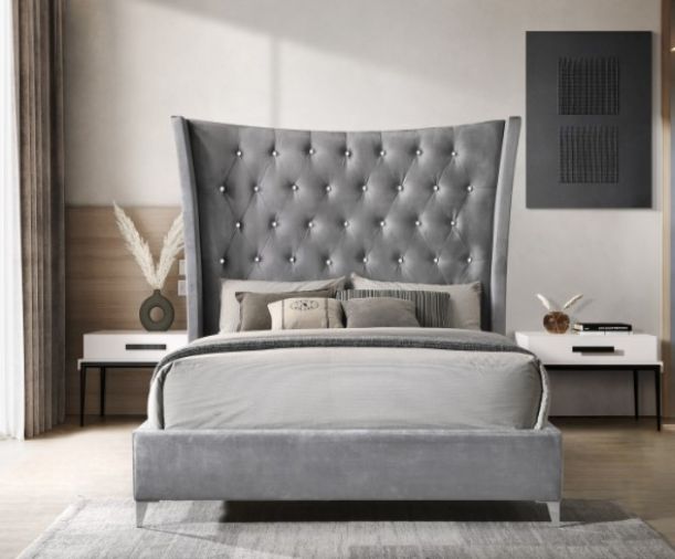 Milton Greens Stars Light Gray Eastern King Wing Back Tufted Headboard Platform Bed-1