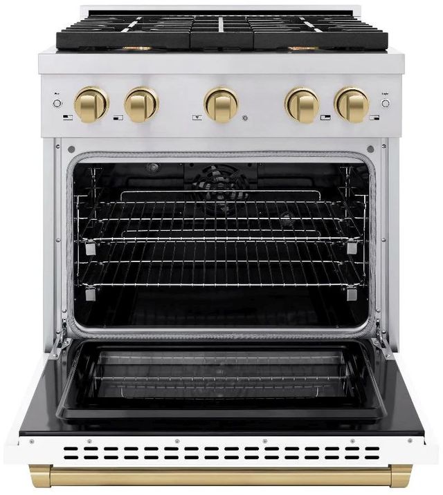 ZLINE Autograph Edition Paramount 30" Stainless Steel Pro Style Dual Fuel Range with White Matte Door and Champagne Bronze Accents-1