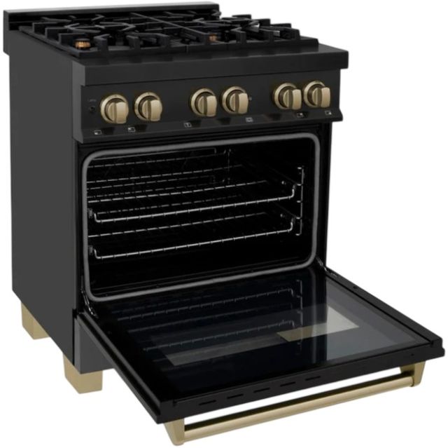 ZLINE Autograph Edition Legacy 30'' Black Stainless Steel Pro-Style Dual Fuel Natural Gas Range with Electric Convection Oven and Champagne Bronze Accents-1