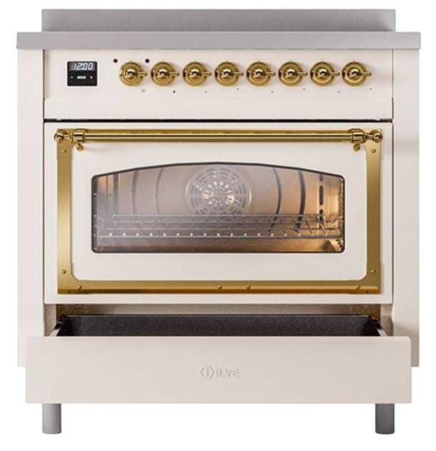Ilve® Nostalgie II Noblesse 36'' Antique White Pro Style Induction Range with Brass Trim-3