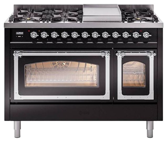 Ilve® Nostalgie II Noblesse 48'' Glossy Black Pro Style Dual Fuel Range with Chrome Trim-0