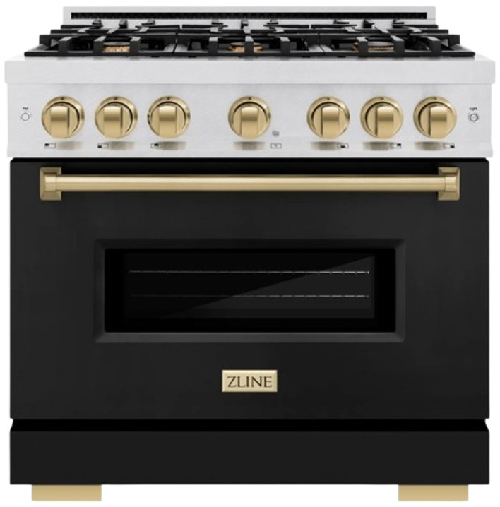 ZLINE Autograph Edition 36 in. 5.2 cu. ft. Classic Dual Fuel Range with 6 Burner Gas Cooktop and Electric Convection Oven in Satin Stainless Steel with Black Matte Door and Polished Gold Accents (CDRSZ-BLM-36-G)