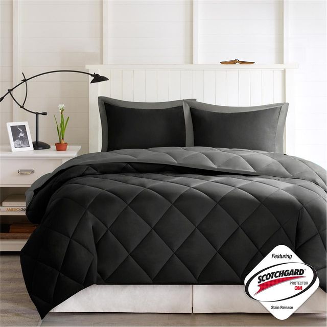 Olliix by Madison Park Essentials Larkspur Black and Grey Full/Queen 3M Scotchgard Reversible Down Alternative Comforter Set-1