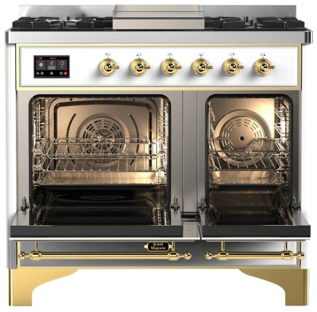 Ilve® Majestic III 40" White Pro Style Dual Fuel Liquid Propane Range with Triple Glass Door and Brass Trim-1
