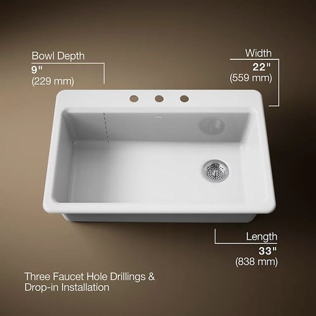 KOHLER® Riverby® White 33" 3-Faucet Hole Top-Mount Single-Bowl Workstation Kitchen Sink-3